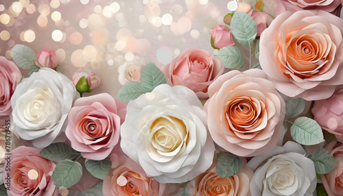 Peach Pink   White Roses Bouquet with Ample Copy Space 