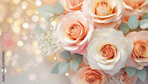 Peach Pink & White Roses Bouquet with Ample Copy Space 