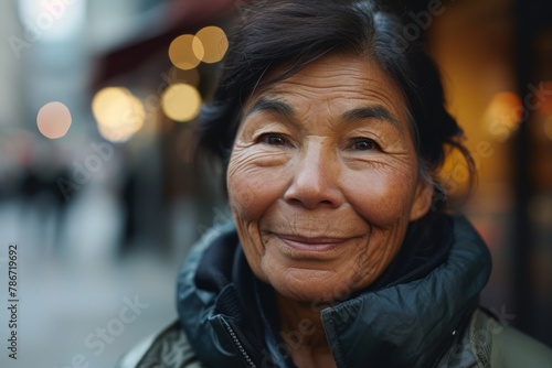 Portrait of an elderly asian woman in the city at night