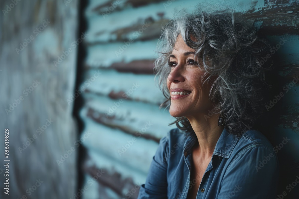 Portrait of a beautiful middle-aged woman with gray hair.