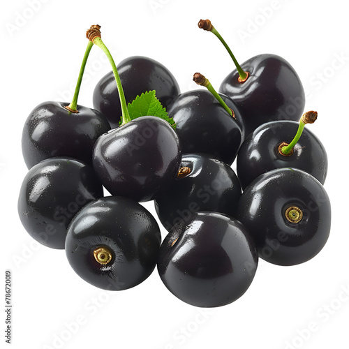  A realistic photo of fresh Morello cherries, their deep red, almost black color, isolated on a Transparent background, PNG Cutout photo