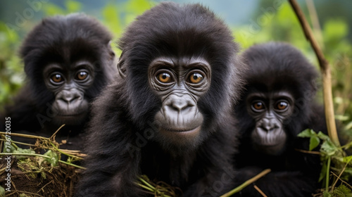 Three curious baby lowland gorillas in Central Africa or a zoo.
