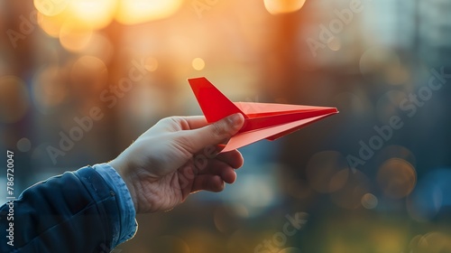 Businessman's hand holding a red paper airplane, travel and innovation corporate
