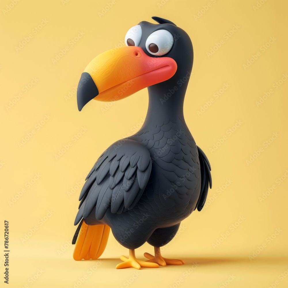 Obraz premium A whimsical illustration of a dodo bird with a comical expression on a yellow backdrop.