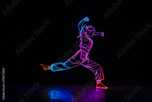 Neon wireframe martial artist practicing kicks and punches isolated on black background. © Neon Hub