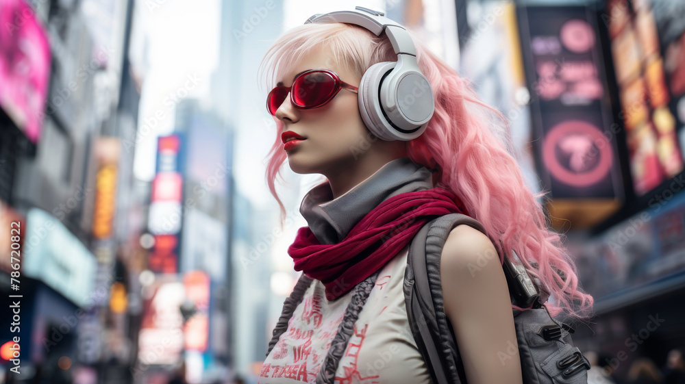 Obraz premium Stylish woman with modern gadgets and glasses reflecting colorful lights of cyberpunk cityscape