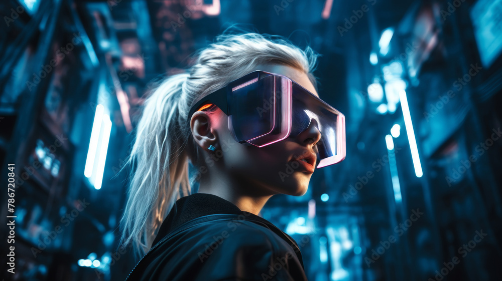 Stylish woman in trendy VR glasses reflecting multicolored lights of cyberpunk cityscape