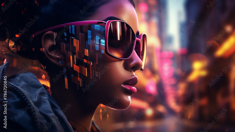 Stylish woman in trendy tinted glasses reflecting multicolored lights of cyberpunk blurred cityscape Stylish woman in trendy tinted glasses reflecting multicolored lights of cyberpunk blurred cityscape