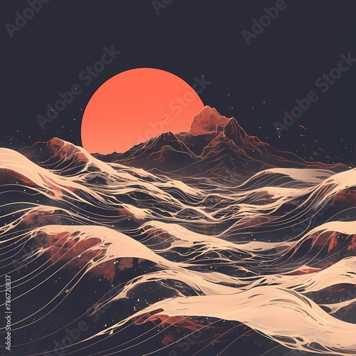 Vivid orange sunset over the majestic Blue Mountains with a dramatic silhouette of mountain peaks and rolling waves in the foreground.