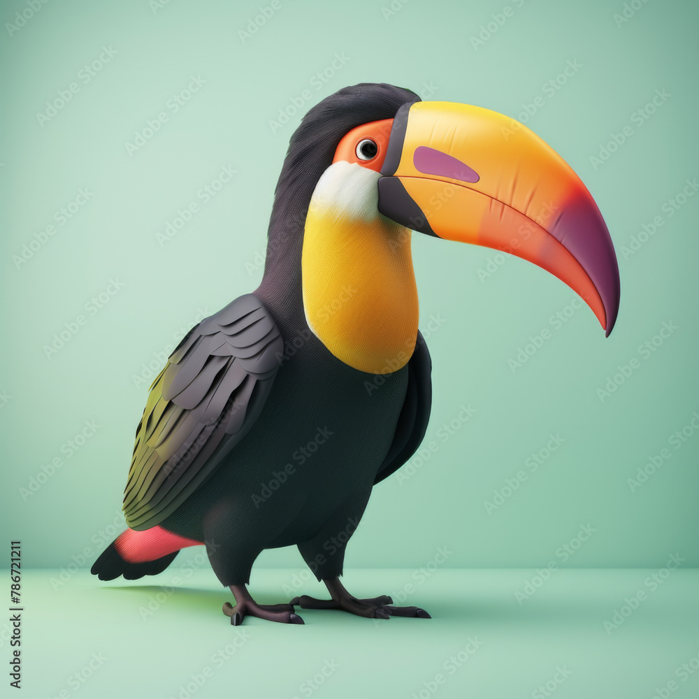 Fototapeta premium Digital illustration of a colorful toucan with a large beak against a pastel green background, symbolizing tropical wildlife.