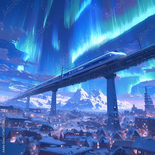 An enchanting winter scene featuring a high-tech bullet train on an elevated magnetic track under the stunning glow of auroras, set against a backdrop of a snowy village and majestic mountains.