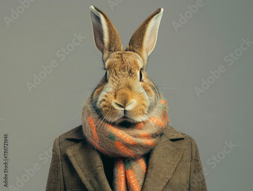 Rabbit dressed to impress in a sharp ensemble featuring a tailored jacket and a trendy carrot-patterned scarf, projecting charm and poise with a touch of bunny allure.
