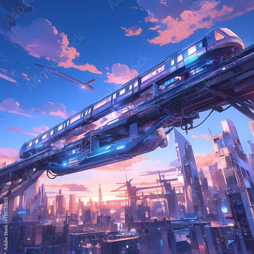 An advanced monorail system in a futuristic city, bathed in neon lights and set against the backdrop of the sky. photo