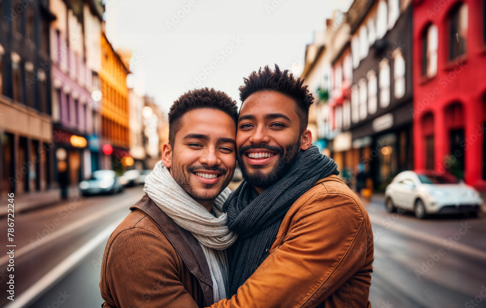 Two gay men are hugging on a city street. Two gay men are hugging on a city street.