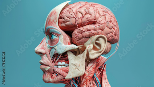 An anatomical model showcasing the human head with exposed muscles and brain, highlighting medical education.