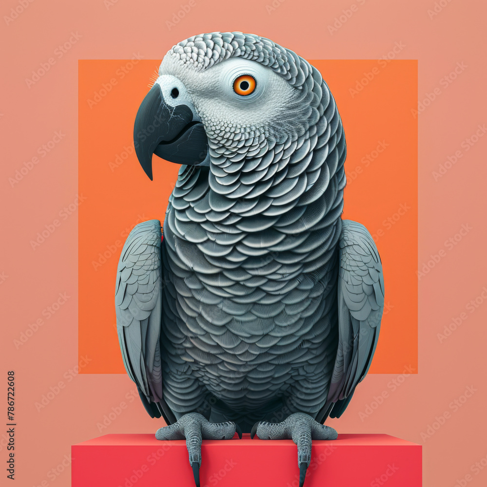Obraz premium Highly detailed grey parrot illustration with an orange backdrop, perfect for educational use.