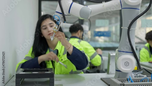Group of multiethnic engineer researching and developing a robotics arm in scientific technology laboratory. Technician examining Industrial robot machine. Automated and manufacturing factory concepts