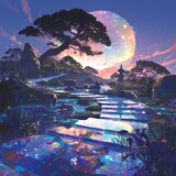 Mystical Landscape: Zen Garden Sunset with Bamboo and Moonlight, 200 characters