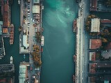 An aerial view of a city with boats and buildings. Generative AI.