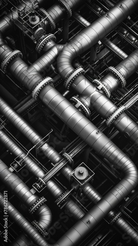 A black and white photo of a large industrial pipe system. Generative AI.