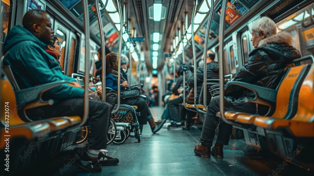 Naklejka premium A group of people sitting on a train with their backs to the camera. Generative AI.
