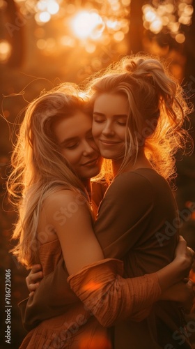Two women hugging each other in the sun. Generative AI.
