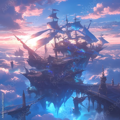 A breathtaking panoramic view of a castle floating in the sky at sunrise, evoking a sense of wonder and adventure. photo