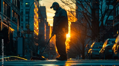A man sweeping the street in a city at sunset. Generative AI.