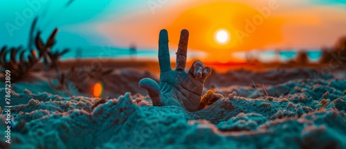 A hand sticking out of the sand with a peace sign. Generative AI.
