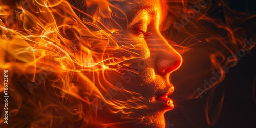 A woman s face is covered in flames and smoke.