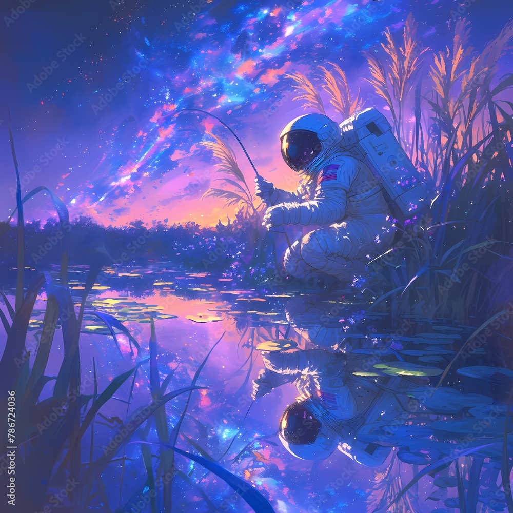 An astronaut in a spacesuit enjoys a serene moment of fishing on an extraterrestrial body, surrounded by a mesmerizing reflection of the universe. - obrazy, fototapety, plakaty 