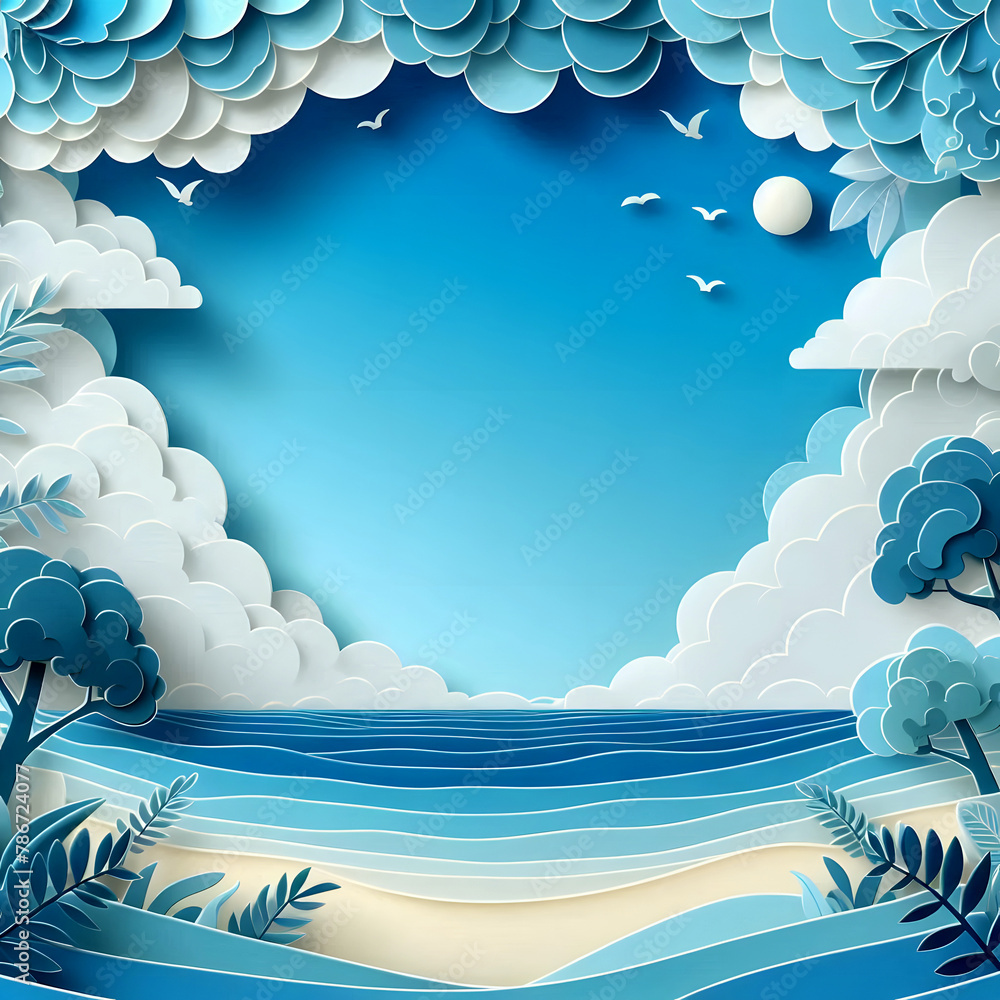 Abstract blue sea and summer beach background with paper waves and sea coast for banner, invitation, poster or website design. Paper cut pattern, imitating 3D effect, space for text, illustration - obrazy, fototapety, plakaty 
