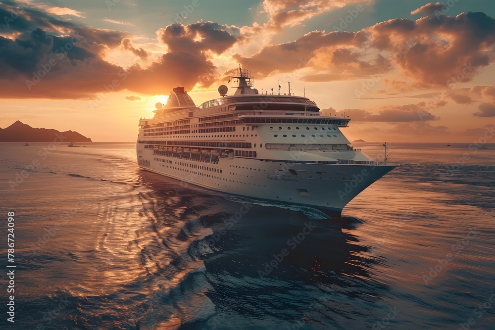 Magnificent Voyage:Luxury Cruise Ship Sailing Amidst Breathtaking Sunset Seascape