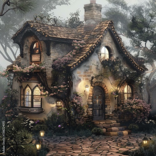 A fairy tale cottage with a stone path leading to the front door. Generative AI.