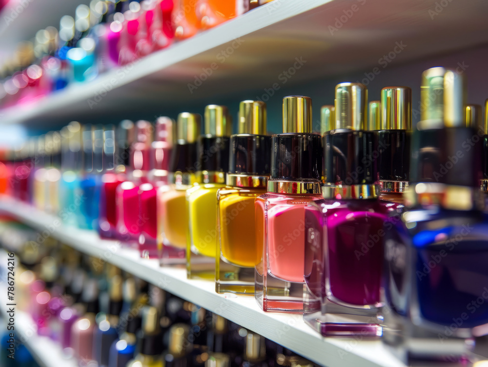Close-up of a row of colorful nail polish bottles in a nail salon.