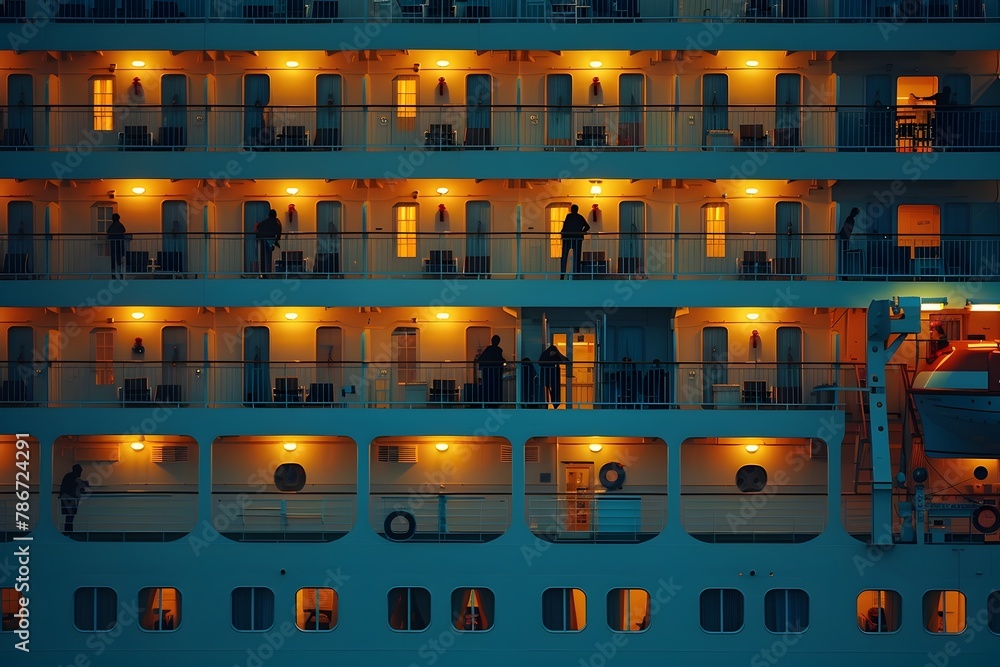 Vibrant Nighttime Atmosphere on Cruise Ship with Passengers and Crew Silhouettes