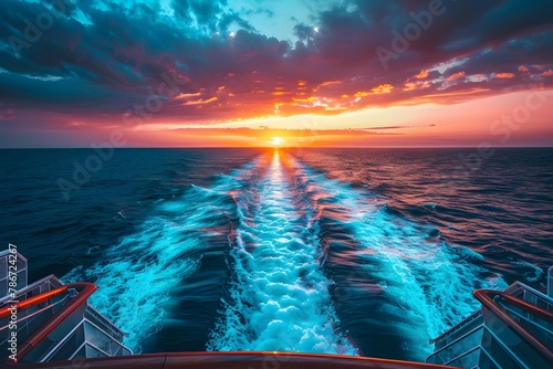 Magnificent Sunset Seascape Sailing Aboard Cruise Ship Into Majestic Horizon