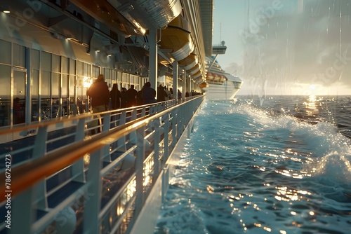 Exhilarating Cruise Ship Voyage at Sunset with Dramatic Ocean Vistas and Splashing Waves photo
