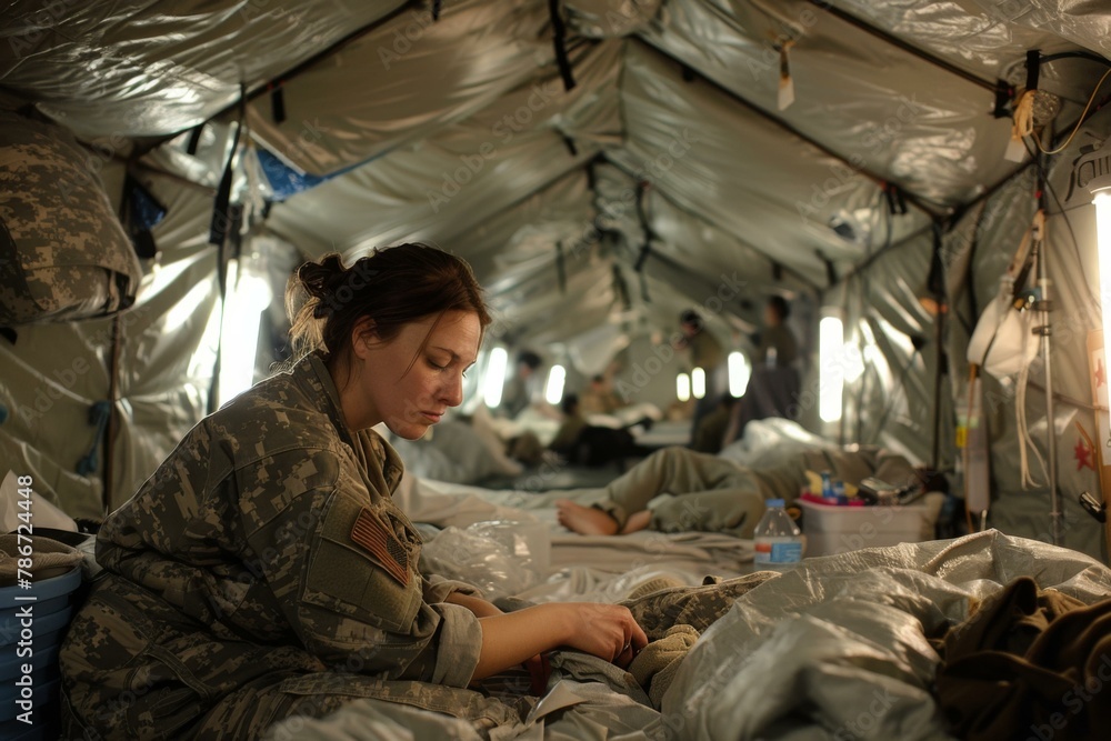 A woman in military uniform sitting on a bed inside of tent. Generative AI. A woman in military uniform sitting on a bed inside of tent. Generative AI.