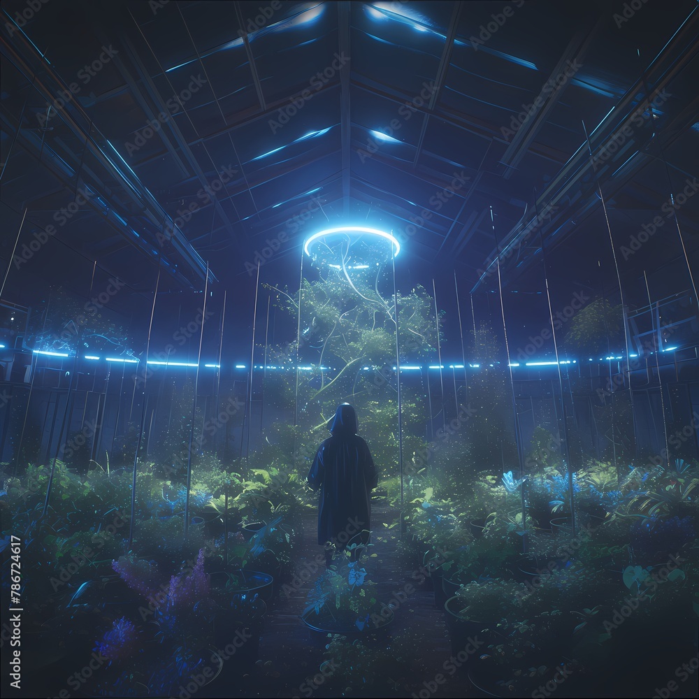 A serene botanical haven awaits exploration as a lone researcher meanders down the path amidst an enchanting collection of flora. Discover the tranquility and beauty in this otherworldly greenhouse. - obrazy, fototapety, plakaty 