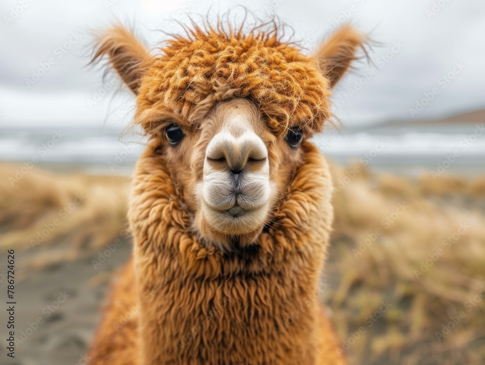 A close up of a llama with long hair standing on the beach. Generative AI.