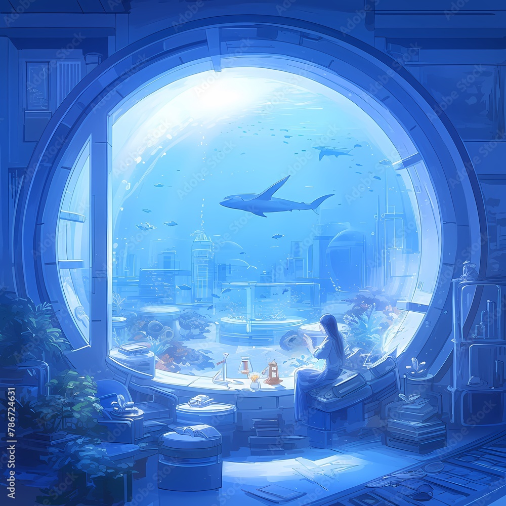 Experience the Ultimate Relaxation in a Futuristic Underwater City. Admire Dolphins and Marvel at City Lights Through Your Private Ocean Window. - obrazy, fototapety, plakaty 