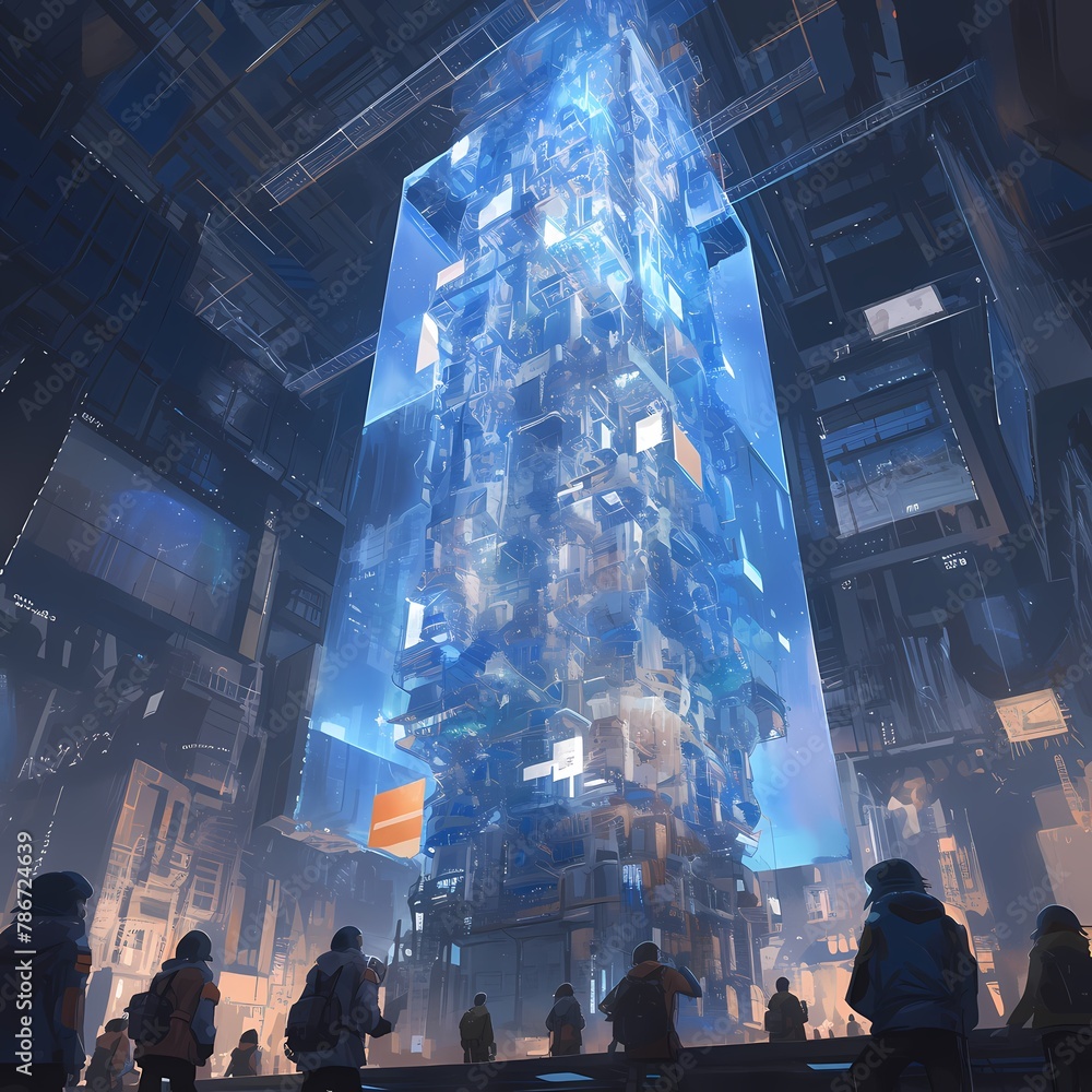 Experience the Future of Data Processing in this Futuristic Rendition of the Tower of Babel - A Symbol of Human Progress and Connectivity. - obrazy, fototapety, plakaty 