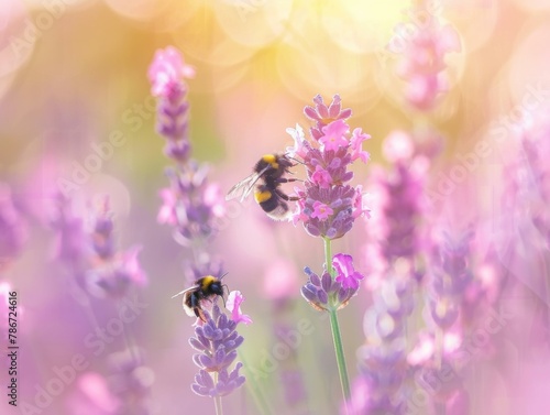 Two bees are on lavender flowers in a field. Generative AI.