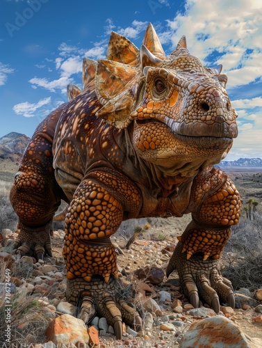 A large dinosaur statue is standing in the desert. Generative AI.
