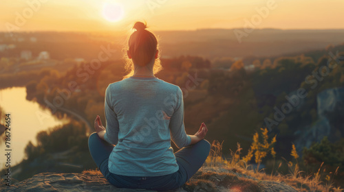 A calm woman meditating at sunset, with a blurred background, representing stress relief and mental wellness.