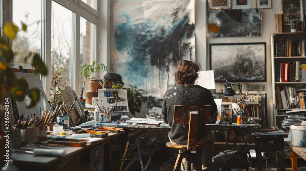A man sitting at a desk in an art studio with many paintings. Generative AI. A man sitting at a desk in an art studio with many paintings. Generative AI.