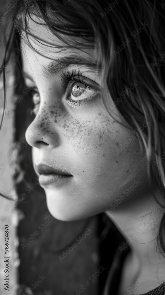 A close up of a young girl with freckles and long hair. Generative AI.