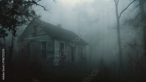 An eerie abandoned house stands alone, shrouded in the dense fog of a hauntingly silent forest, evoking a sense of mystery and desolation.