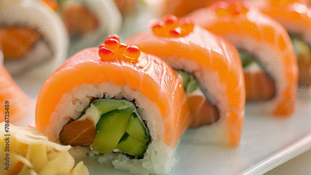 Close-up of succulent salmon sushi rolls topped with roe, perfectly arranged on a plate. Close-up of succulent salmon sushi rolls topped with roe, perfectly arranged on a plate.
